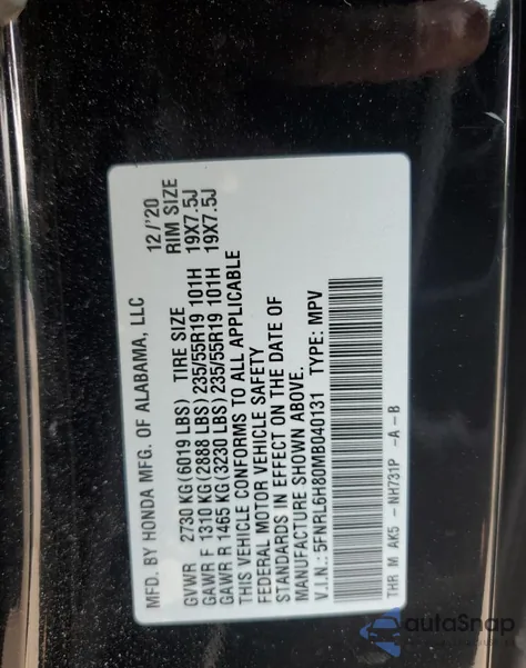 2021 Honda Odyssey Touring from USA, damaged, VIN 5FNRL6H80MB040131